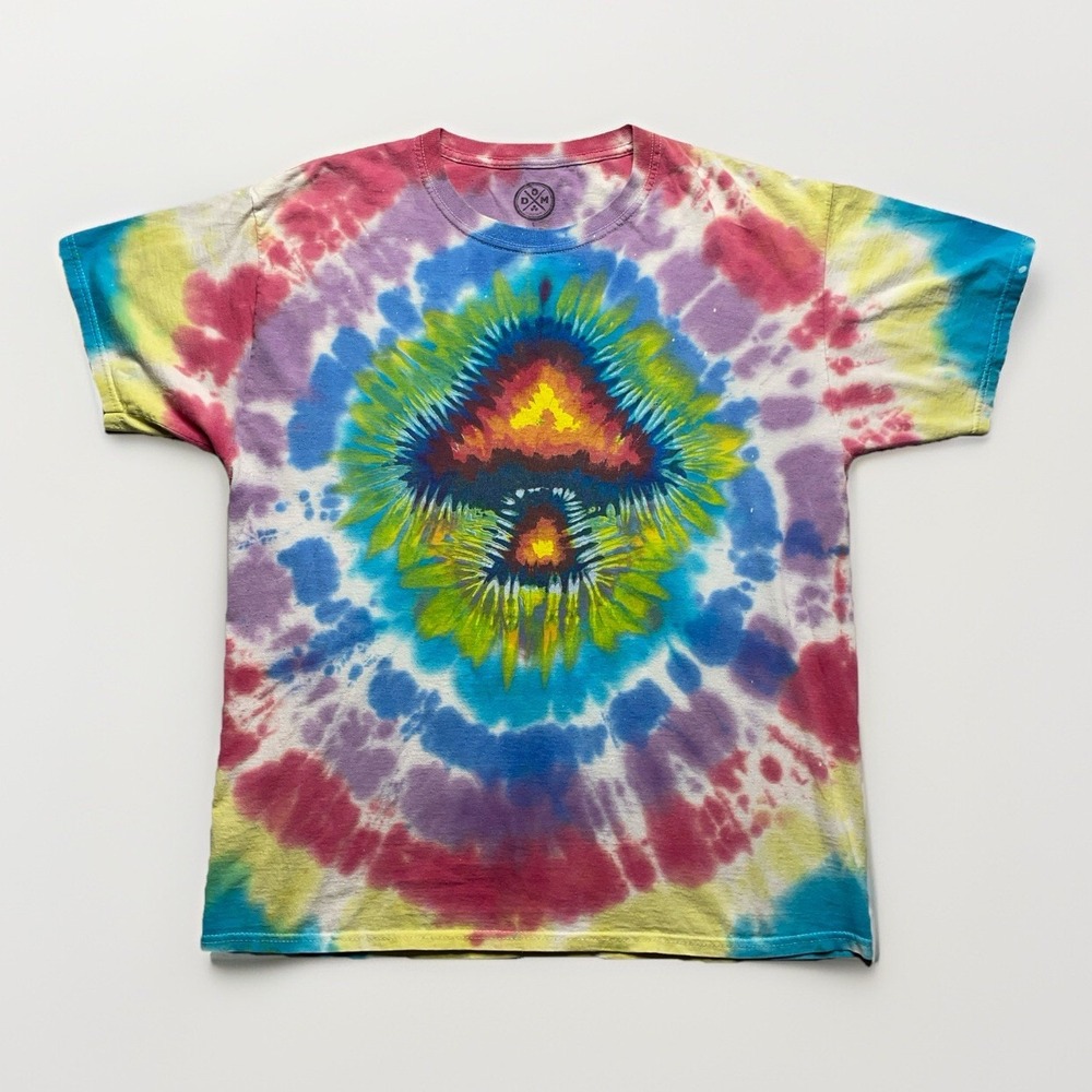 DOM Psychedelic Tie Dye T-Shirt L Mushroom Graphic Trippy Rave Streetwear Grunge - Picture 1 of 12